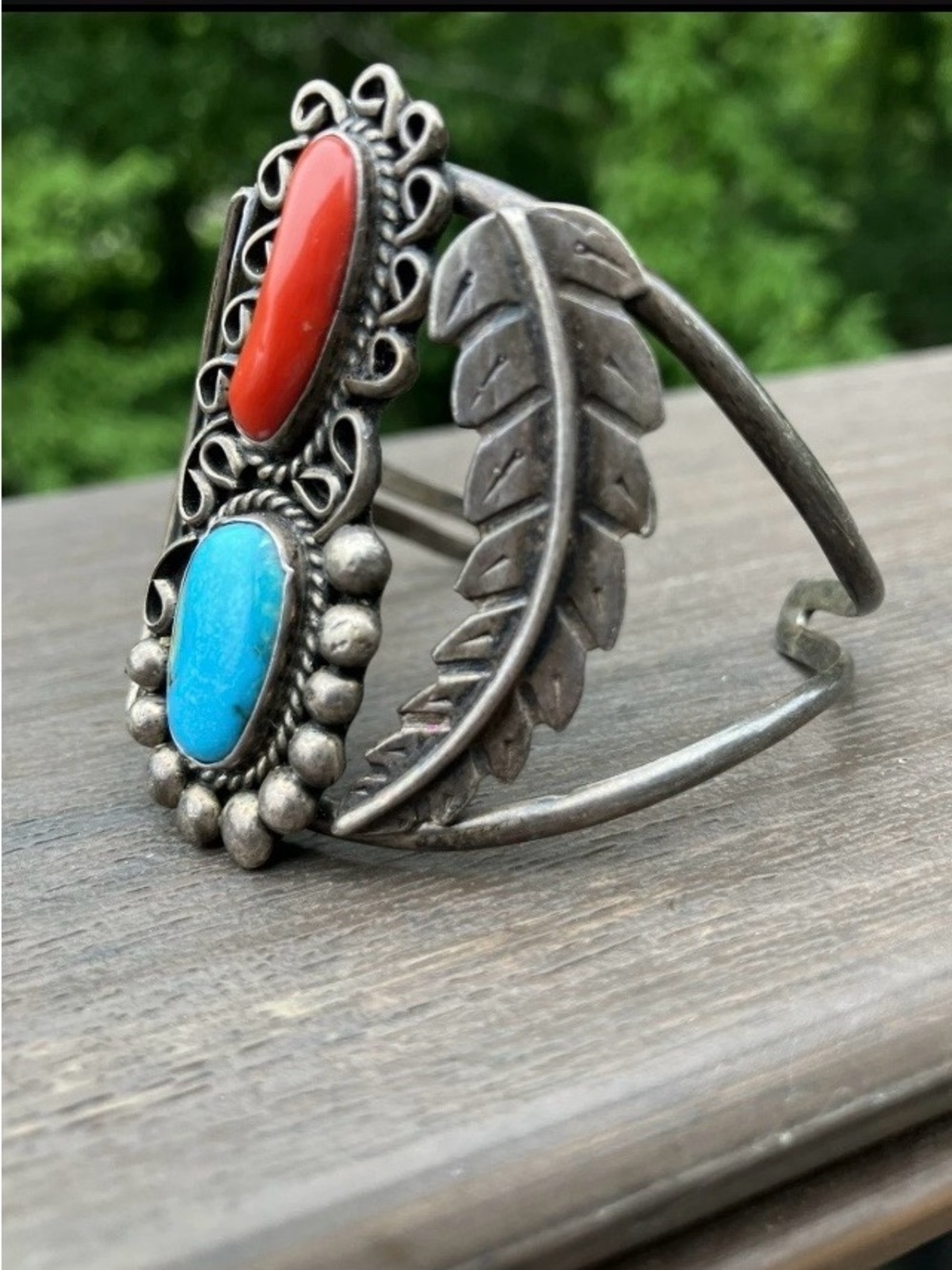 Turquoise & Red Jasper Mexico 925 Sterling Silver Cuff Bangle Bracelet Vintage - Picture 3 of 10